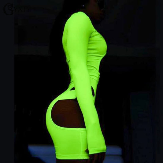 Neon Bodysuit and Playsuit Sexy Hollow Out Buckle Biker Playsuit