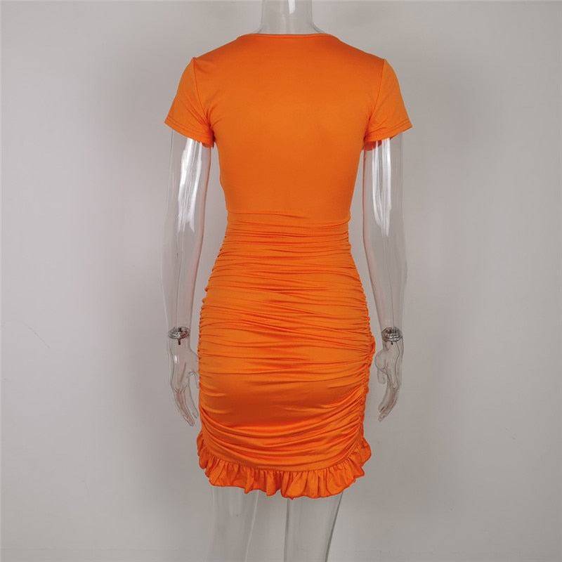 Summer Orange Ruched Wrap Dress With Cut Out Sides