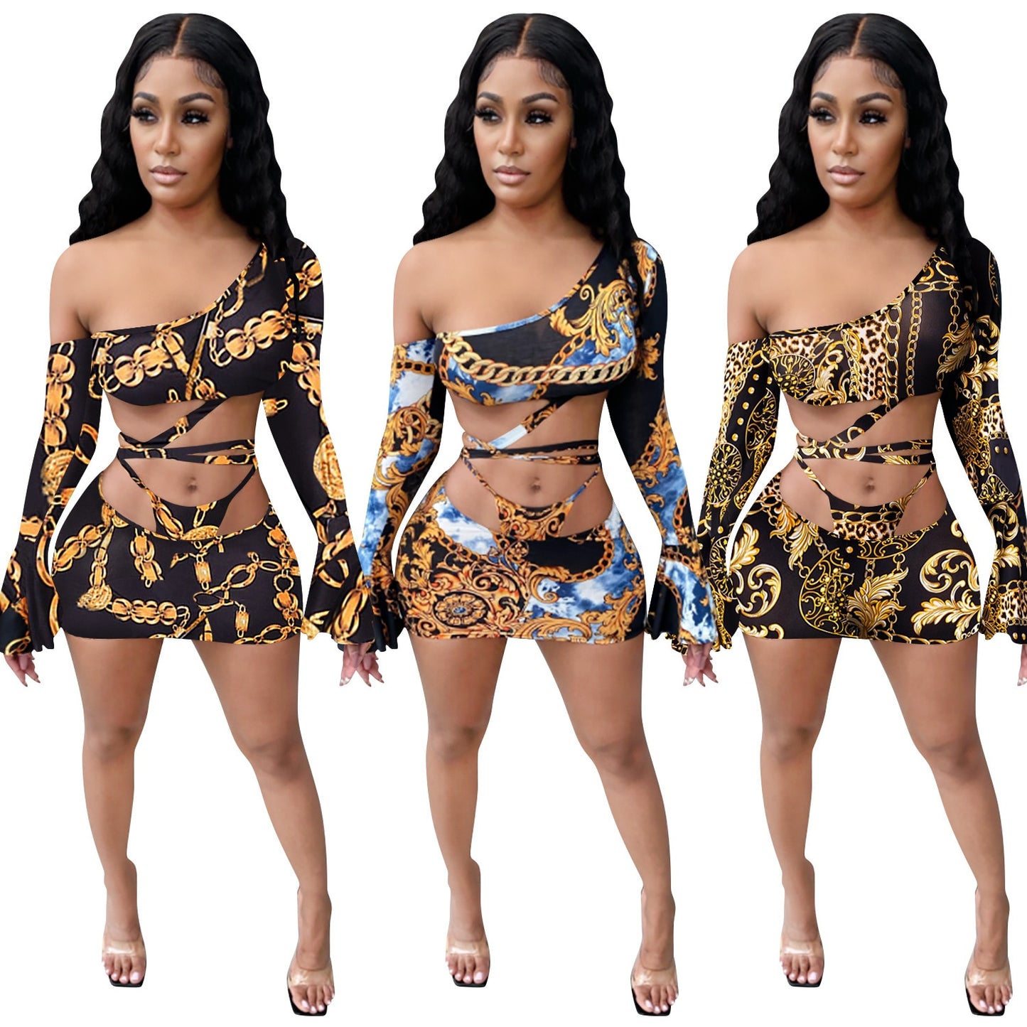 Cut Out leopard Chain Print One Shoulder 2 Piece Set