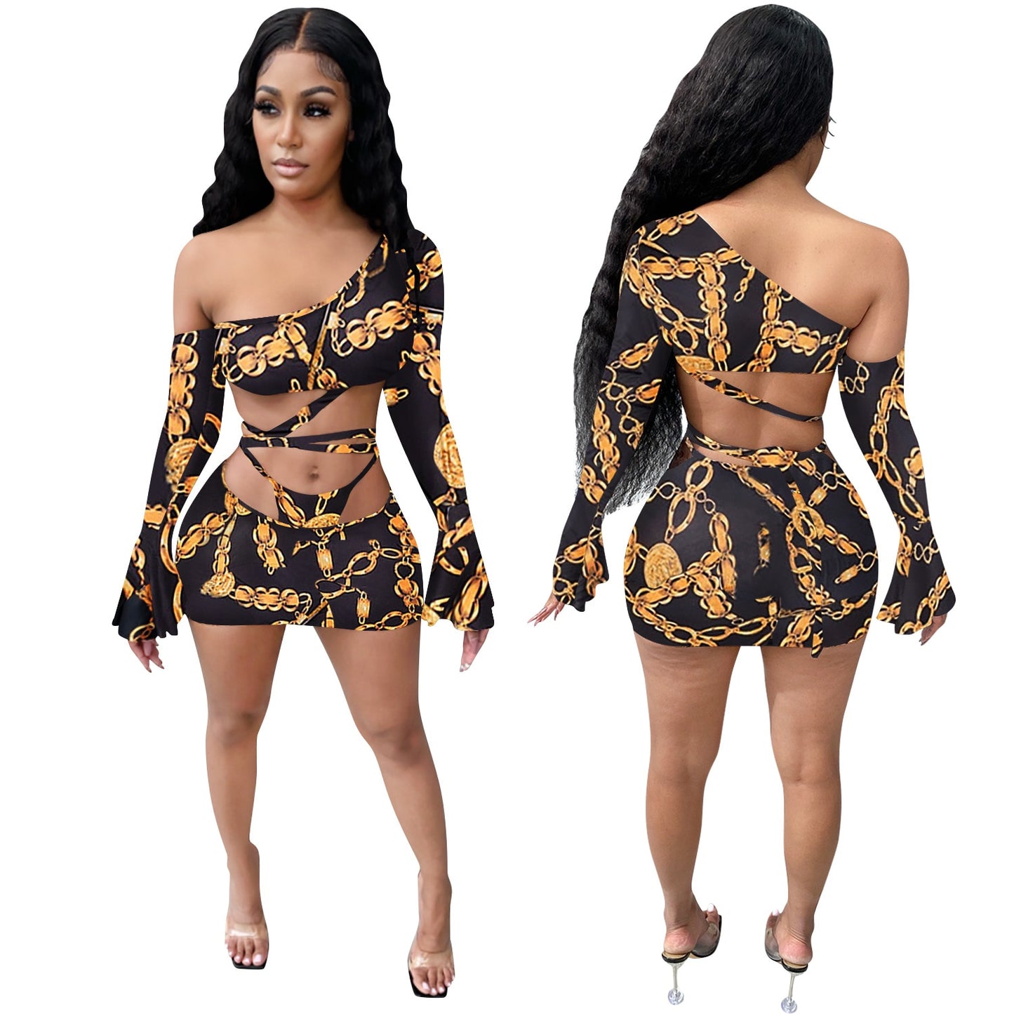 Cut Out leopard Chain Print One Shoulder 2 Piece Set