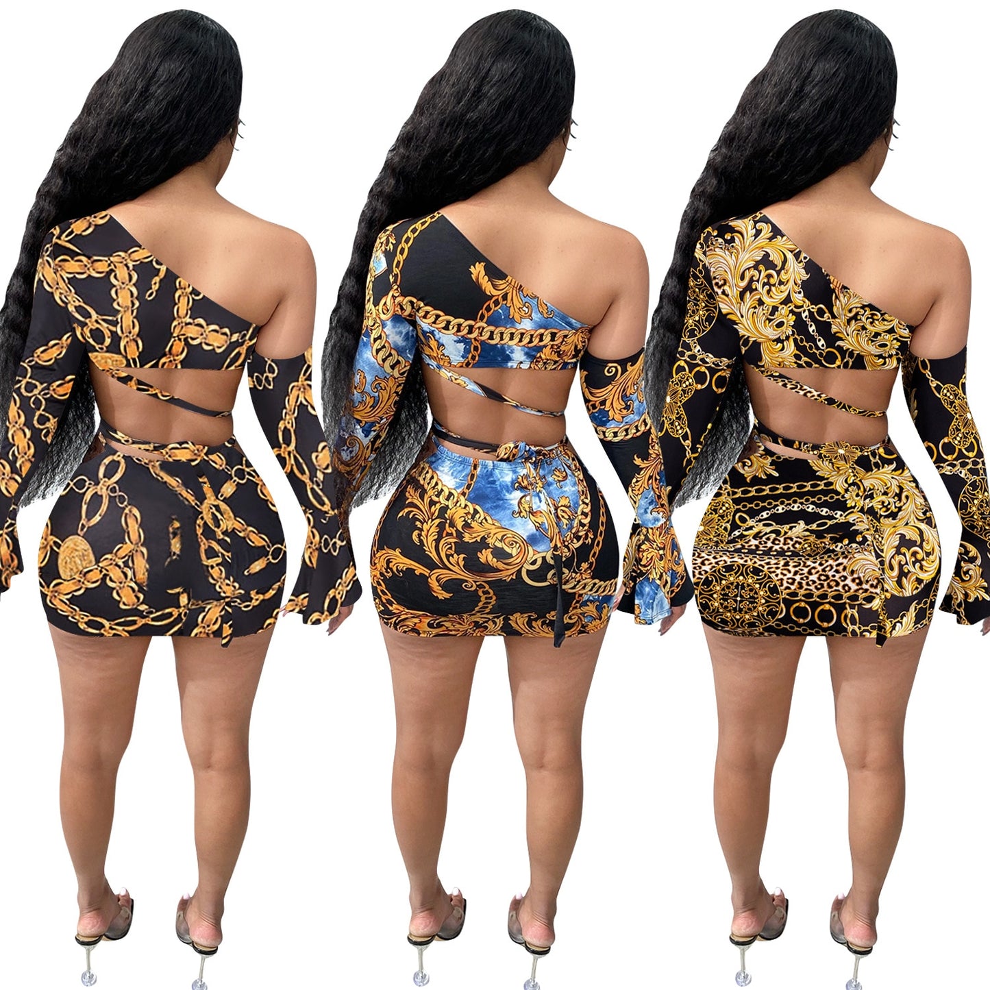 Cut Out leopard Chain Print One Shoulder 2 Piece Set