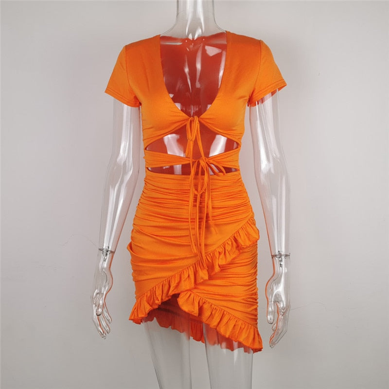 Summer Orange Ruched Wrap Dress With Cut Out Sides