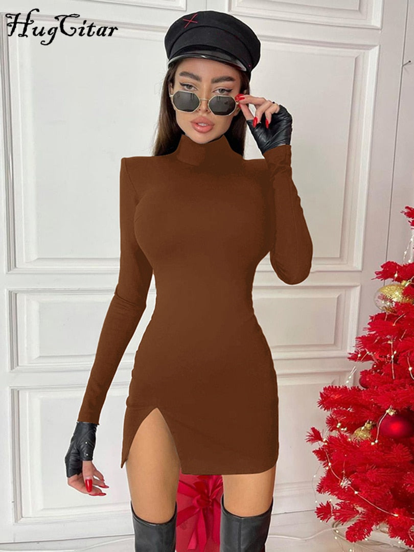 Long Sleeve Turtleneck Thigh Slit Shoulder Pads Mini Dress