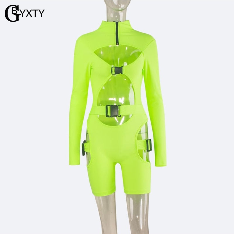 Neon Bodysuit and Playsuit Sexy Hollow Out Buckle Biker Playsuit