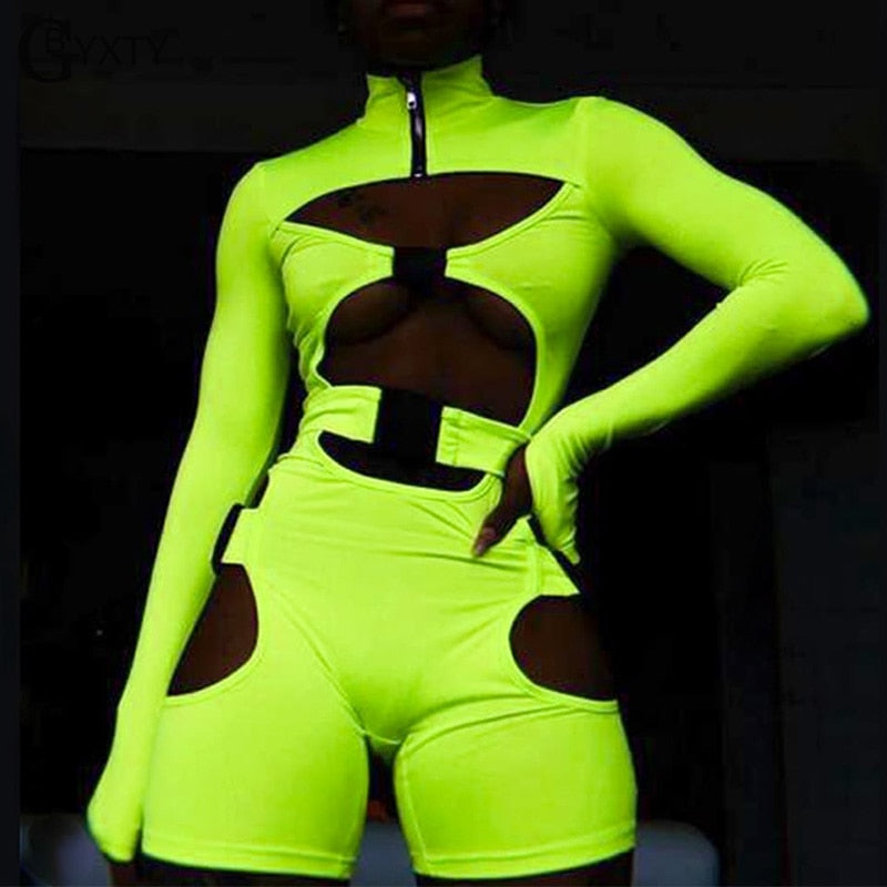 Neon Bodysuit and Playsuit Sexy Hollow Out Buckle Biker Playsuit