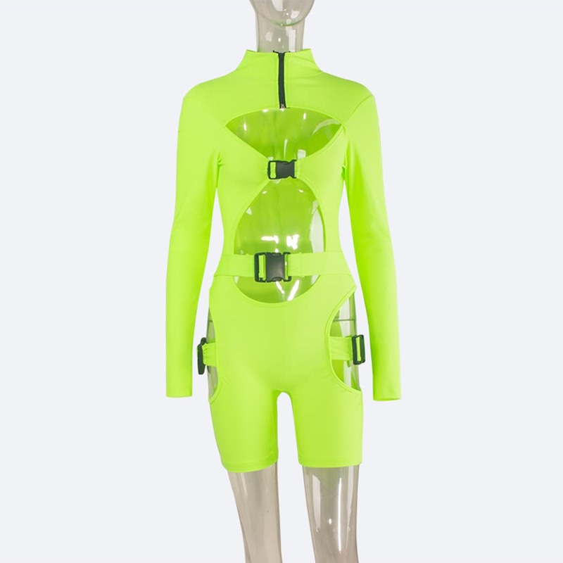 Neon Bodysuit and Playsuit Sexy Hollow Out Buckle Biker Playsuit