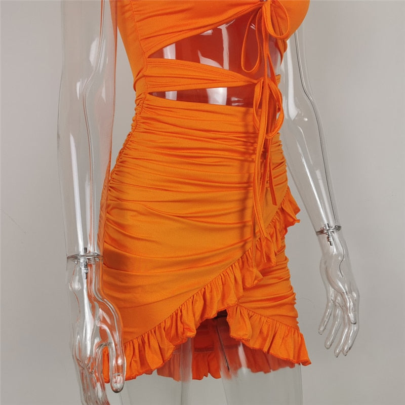 Summer Orange Ruched Wrap Dress With Cut Out Sides