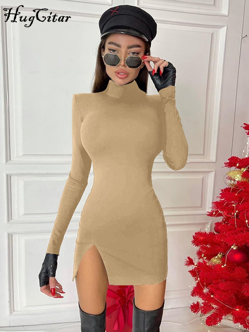 Long Sleeve Turtleneck Thigh Slit Shoulder Pads Mini Dress