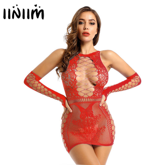 Hollow Out Butterfly Bodycon Dress SeeThrough Fishnet with Oversleeves