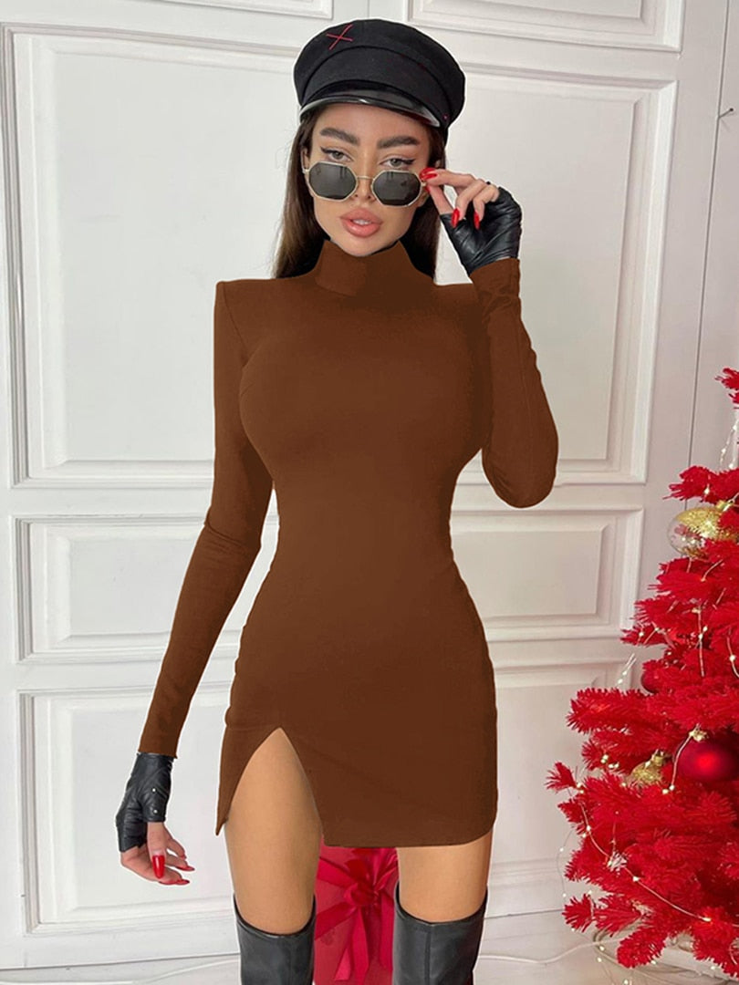 Long Sleeve Turtleneck Thigh Slit Shoulder Pads Mini Dress