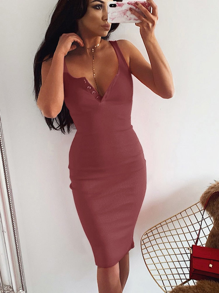 Sexy V-Neck Knee-Length Knitted Sleeveless Bodycon Slim Dress