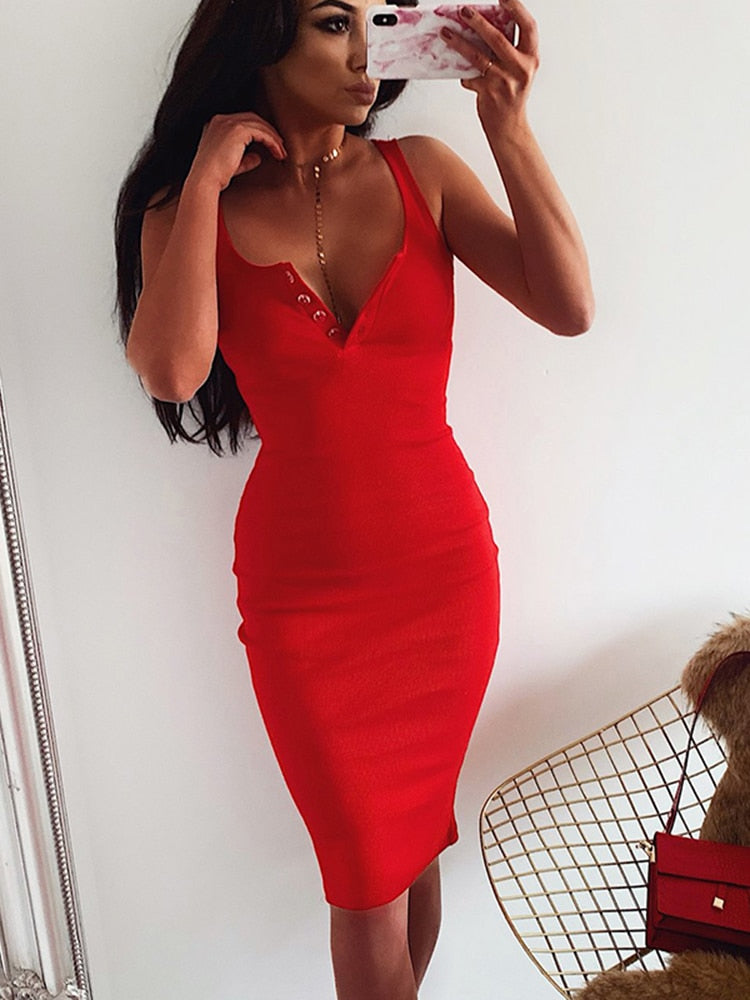 Sexy V-Neck Knee-Length Knitted Sleeveless Bodycon Slim Dress